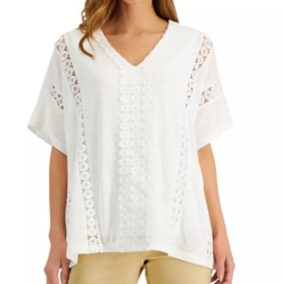 JM Collection White Floral Applique Kaftan Tunic Top Women's Size X-Large, NWT - Picture 2 of 6